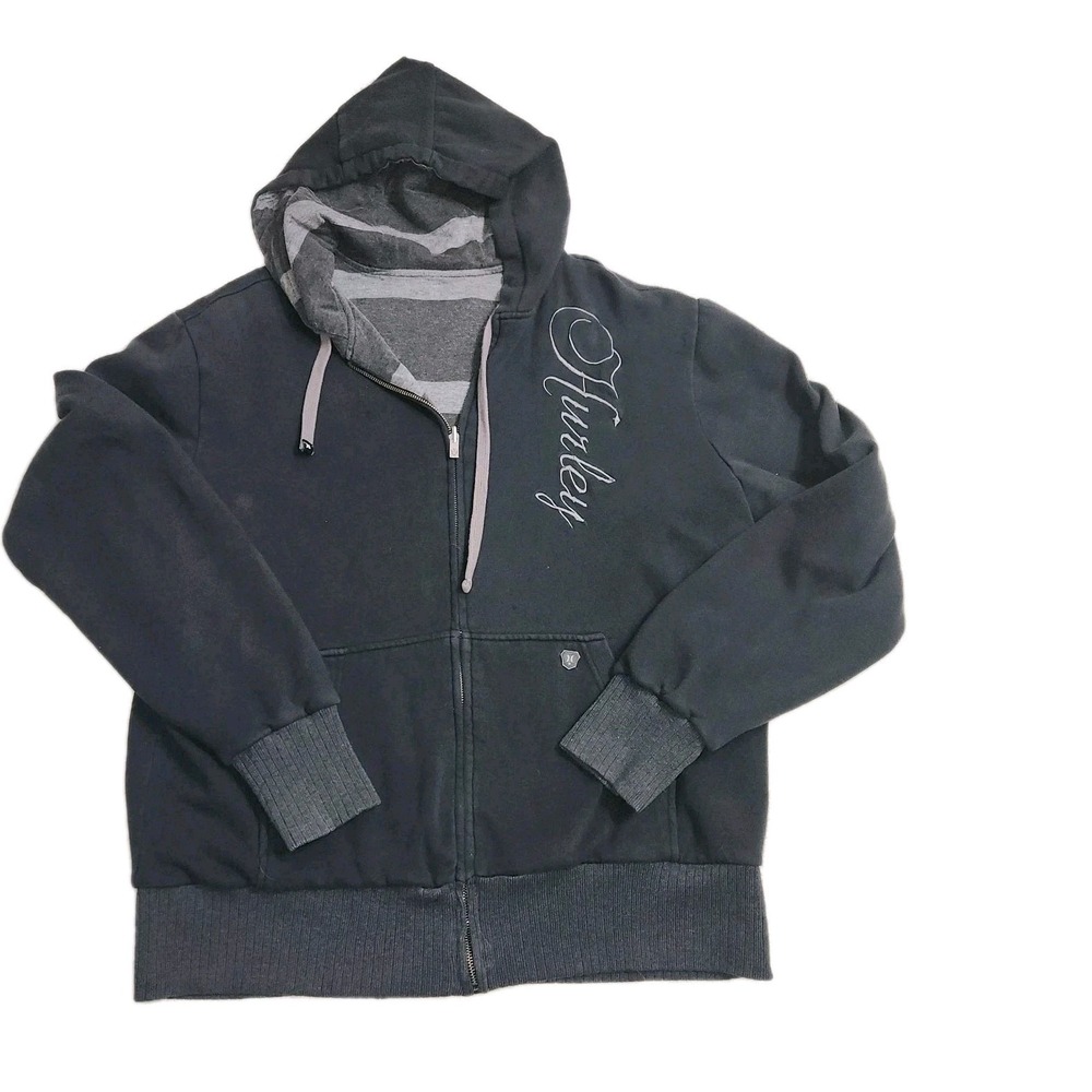 Y2K Vtg 90's Hurley Reversible Black Striped Hoodie Men L/Xl Punk Skater Grunge